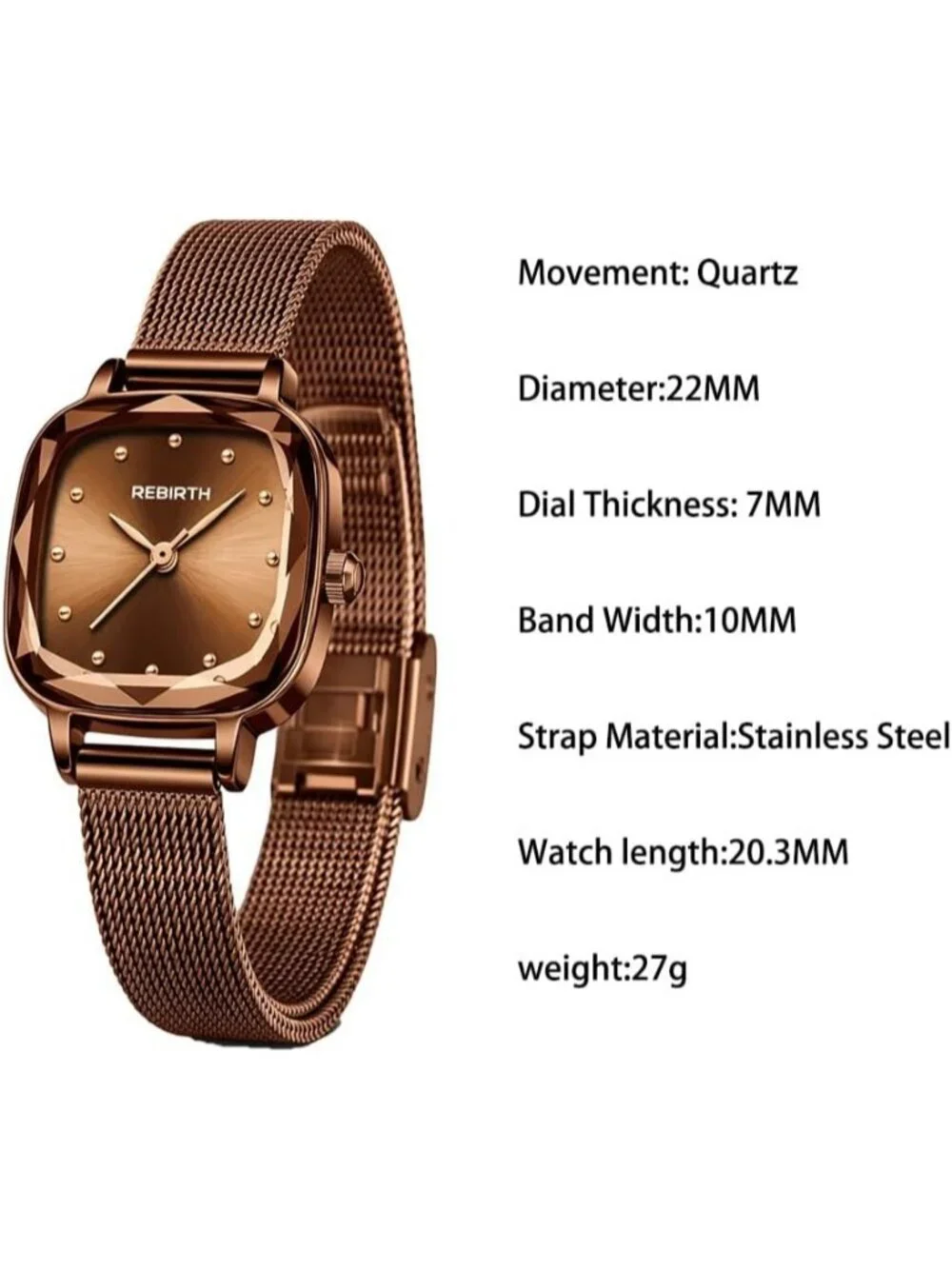 Women's Coffee Gold Square Minimalist Dial Mesh Band Crystal Case Wrist Watch
